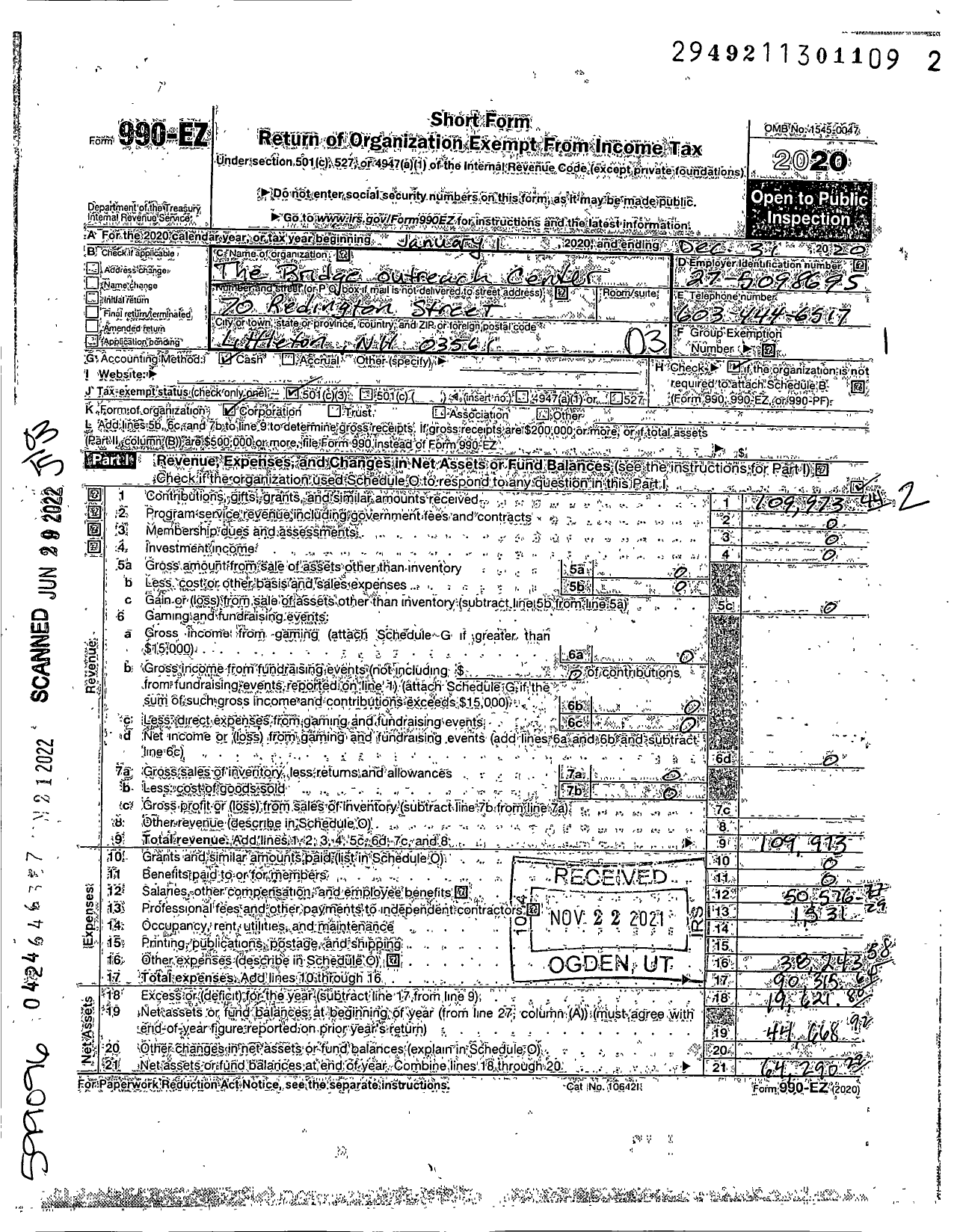 Image of first page of 2020 Form 990EZ for The Bridge Outreach Center