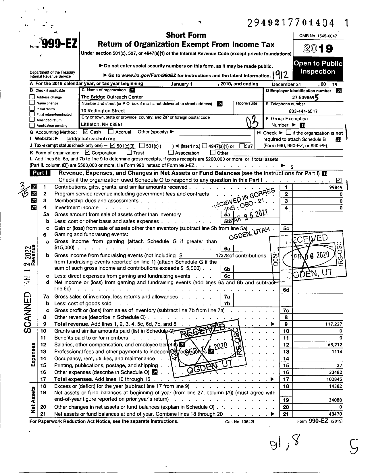 Image of first page of 2019 Form 990EZ for The Bridge Outreach Center