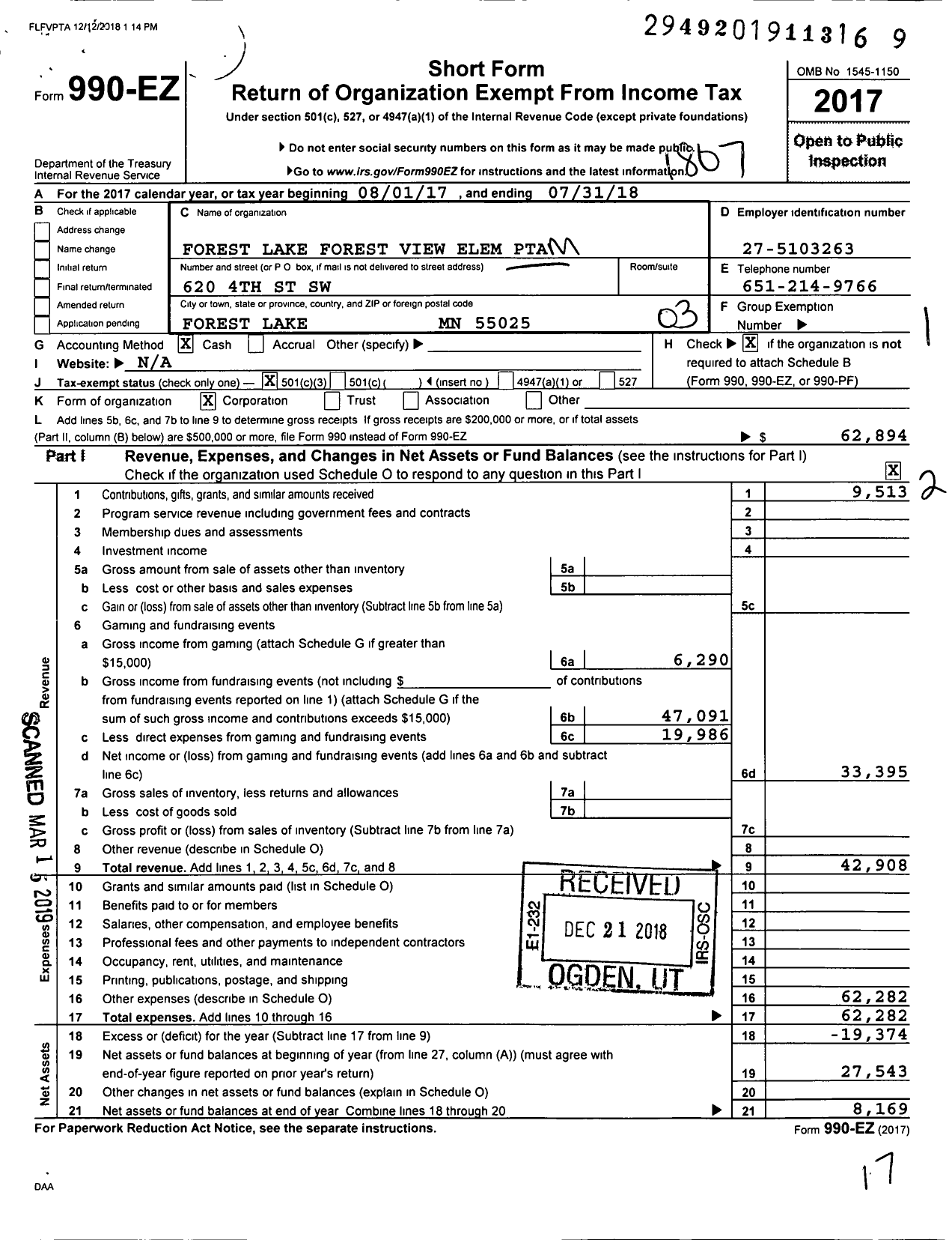 Image of first page of 2017 Form 990EZ for Forest Lake Forest View Elem PTA