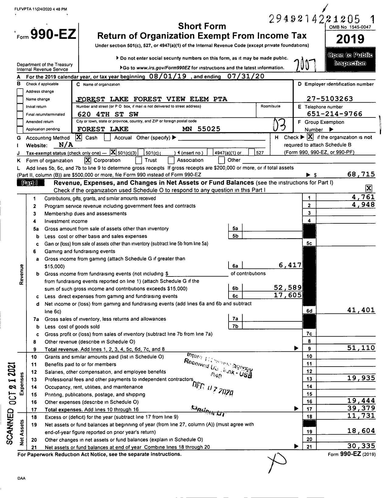 Image of first page of 2019 Form 990EZ for Forest Lake Forest View Elem PTA