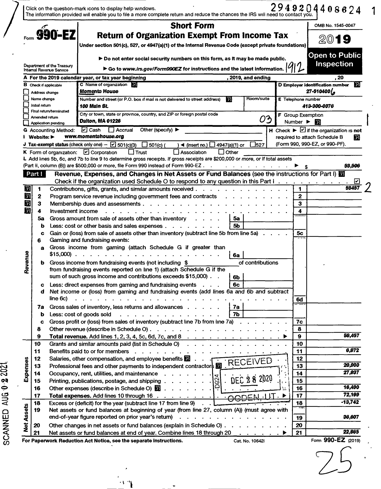 Image of first page of 2019 Form 990EZ for Moments House