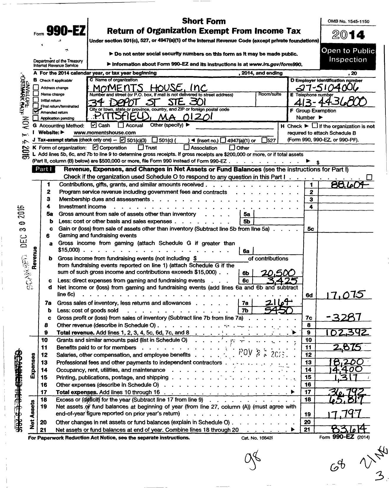 Image of first page of 2014 Form 990EZ for Moments House