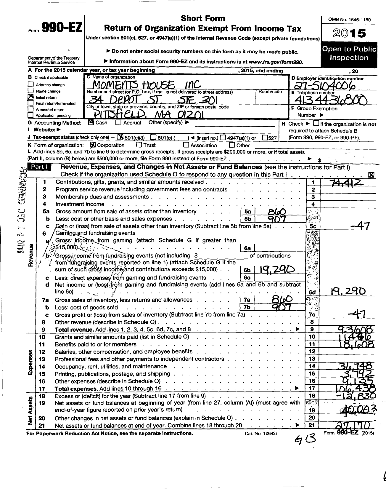 Image of first page of 2015 Form 990EZ for Moments House