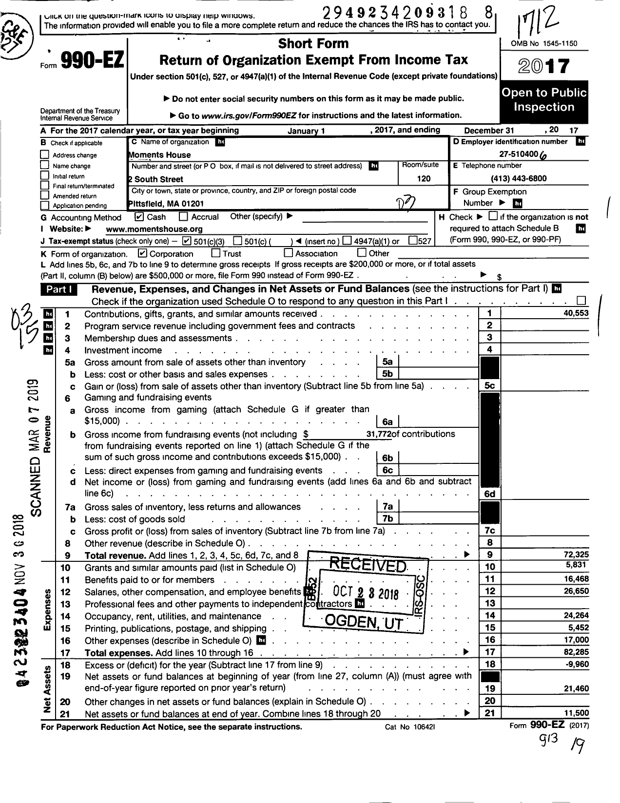 Image of first page of 2017 Form 990EZ for Moments House