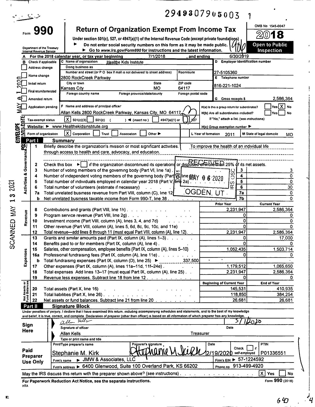 Image of first page of 2018 Form 990 for Healthe Kids Institute