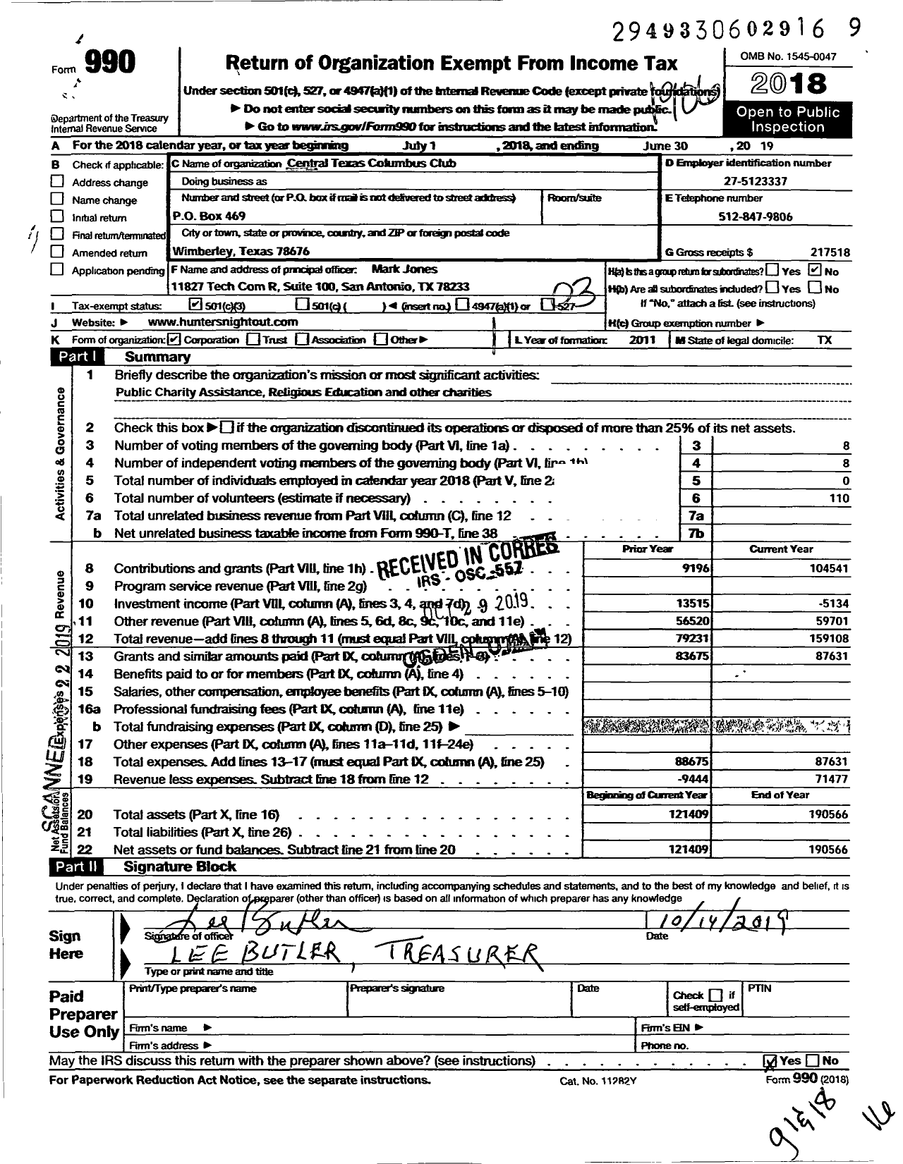 Image of first page of 2018 Form 990 for Central Texas Columbus Club