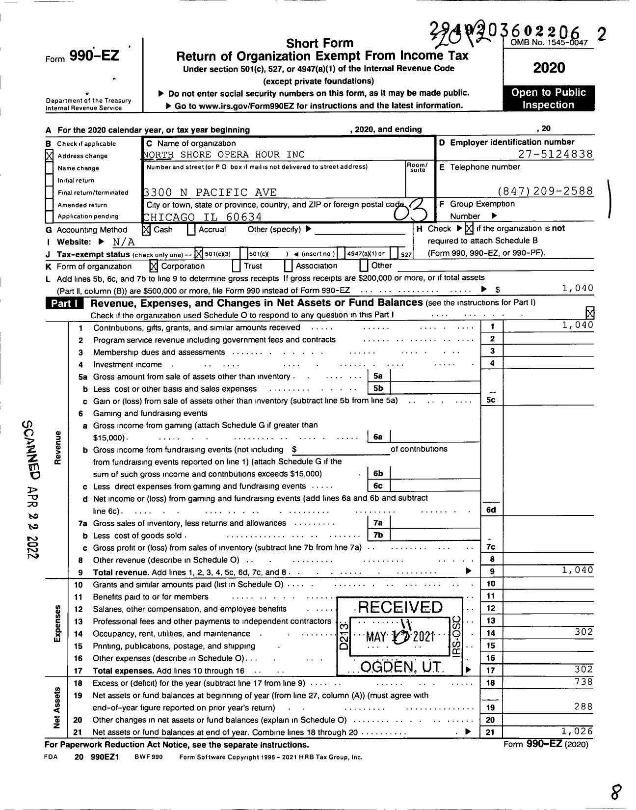 Image of first page of 2020 Form 990EZ for North Shore Opera Hour