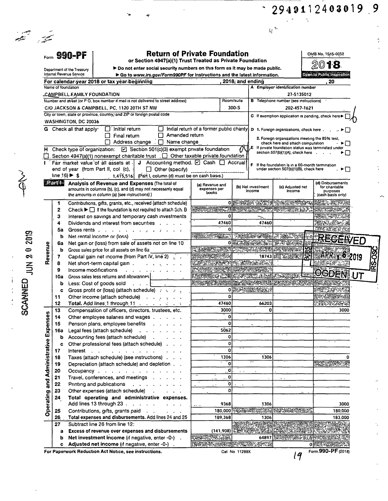 Image of first page of 2018 Form 990PF for Campbell Family Foundation