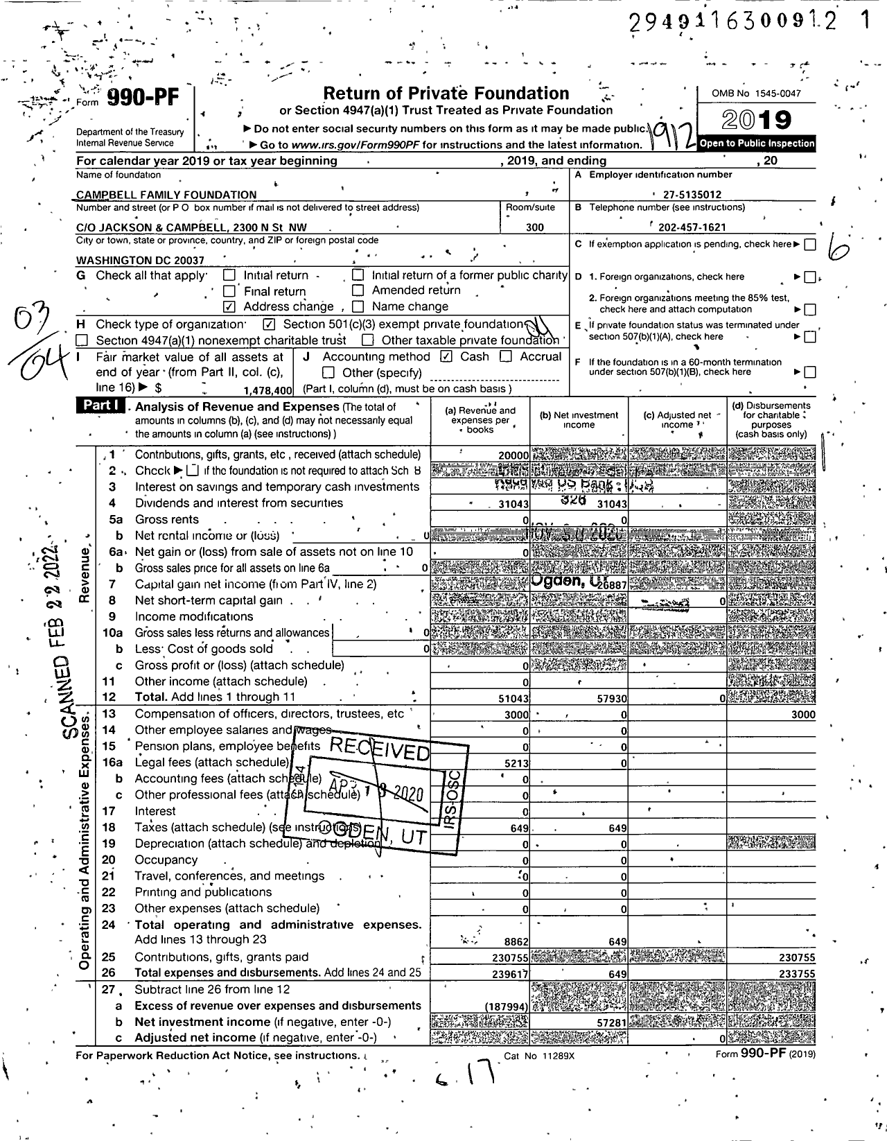 Image of first page of 2019 Form 990PF for Campbell Family Foundation