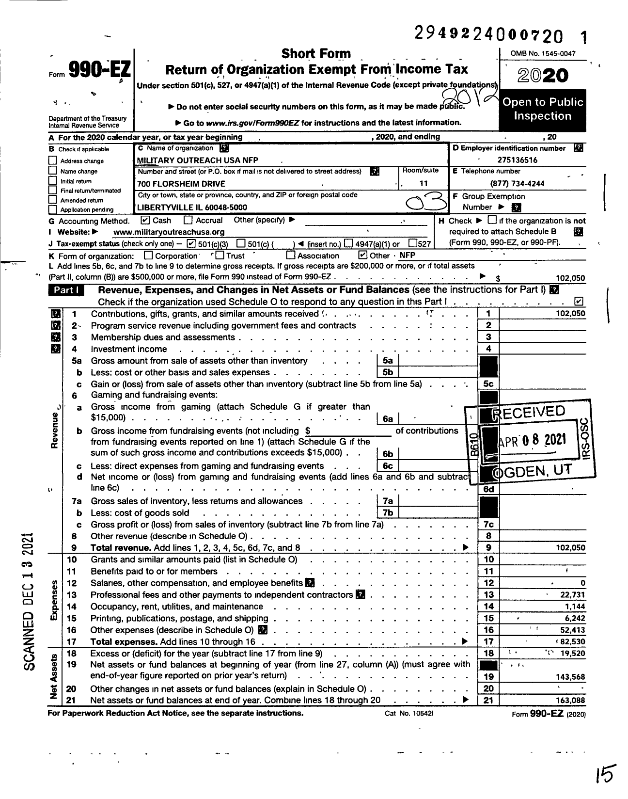 Image of first page of 2020 Form 990EZ for Military Outreach USA NFP