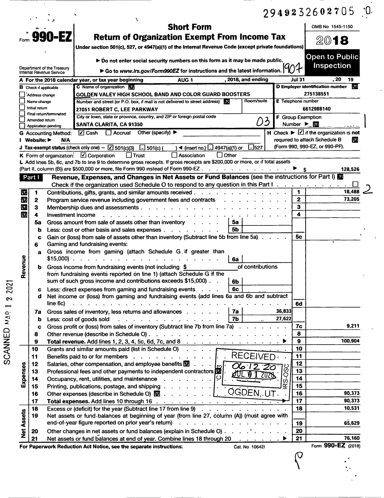 Image of first page of 2018 Form 990EZ for Golden Valley High School Band & Color Guard