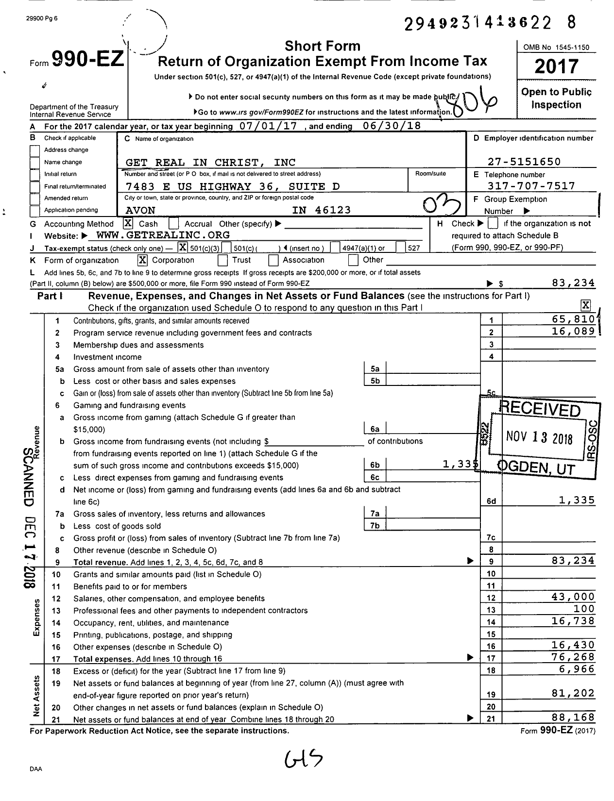 Image of first page of 2017 Form 990EZ for Get Real in Christ