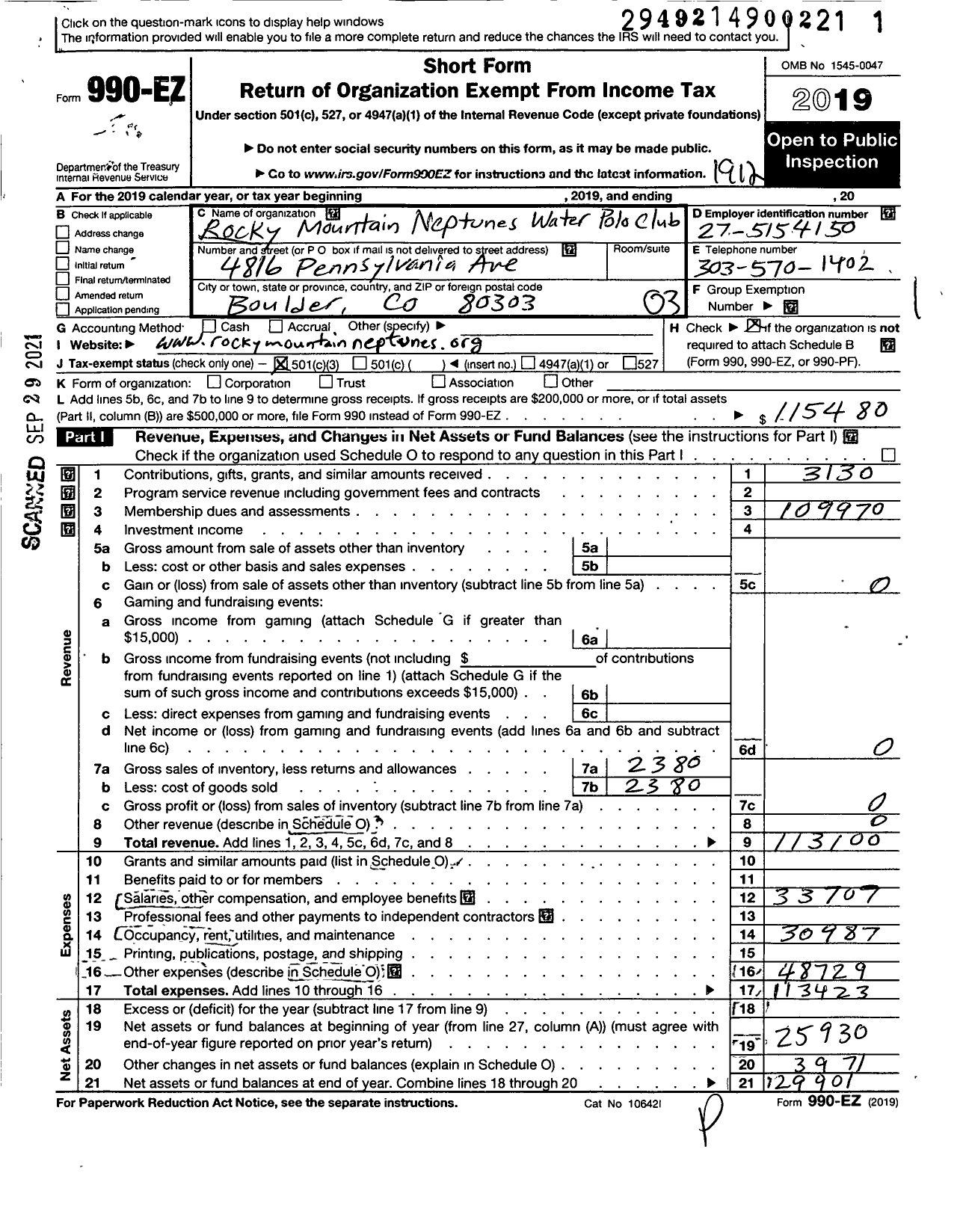 Image of first page of 2019 Form 990EZ for Rocky Mountain Neptunes Water Polo Club