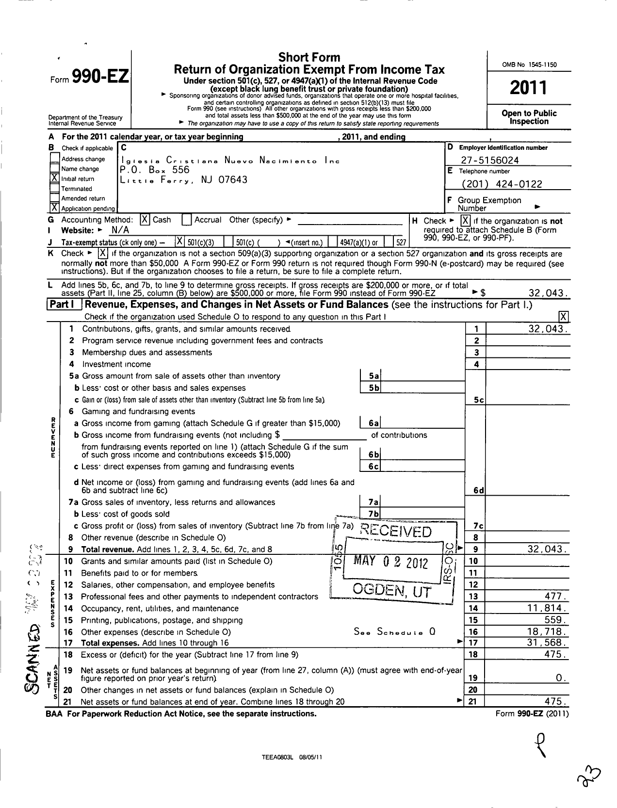 Image of first page of 2011 Form 990EZ for Iglesia Cristiana Nuevo Nacimiento