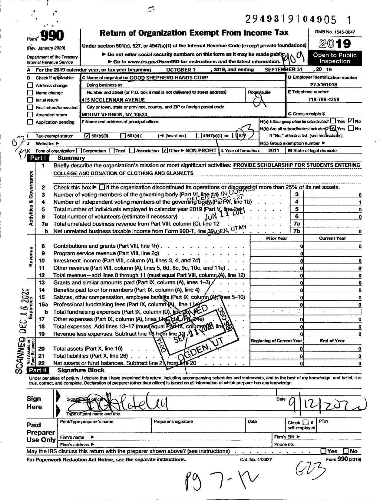 Image of first page of 2018 Form 990 for Good Shepherd Hands Corporation