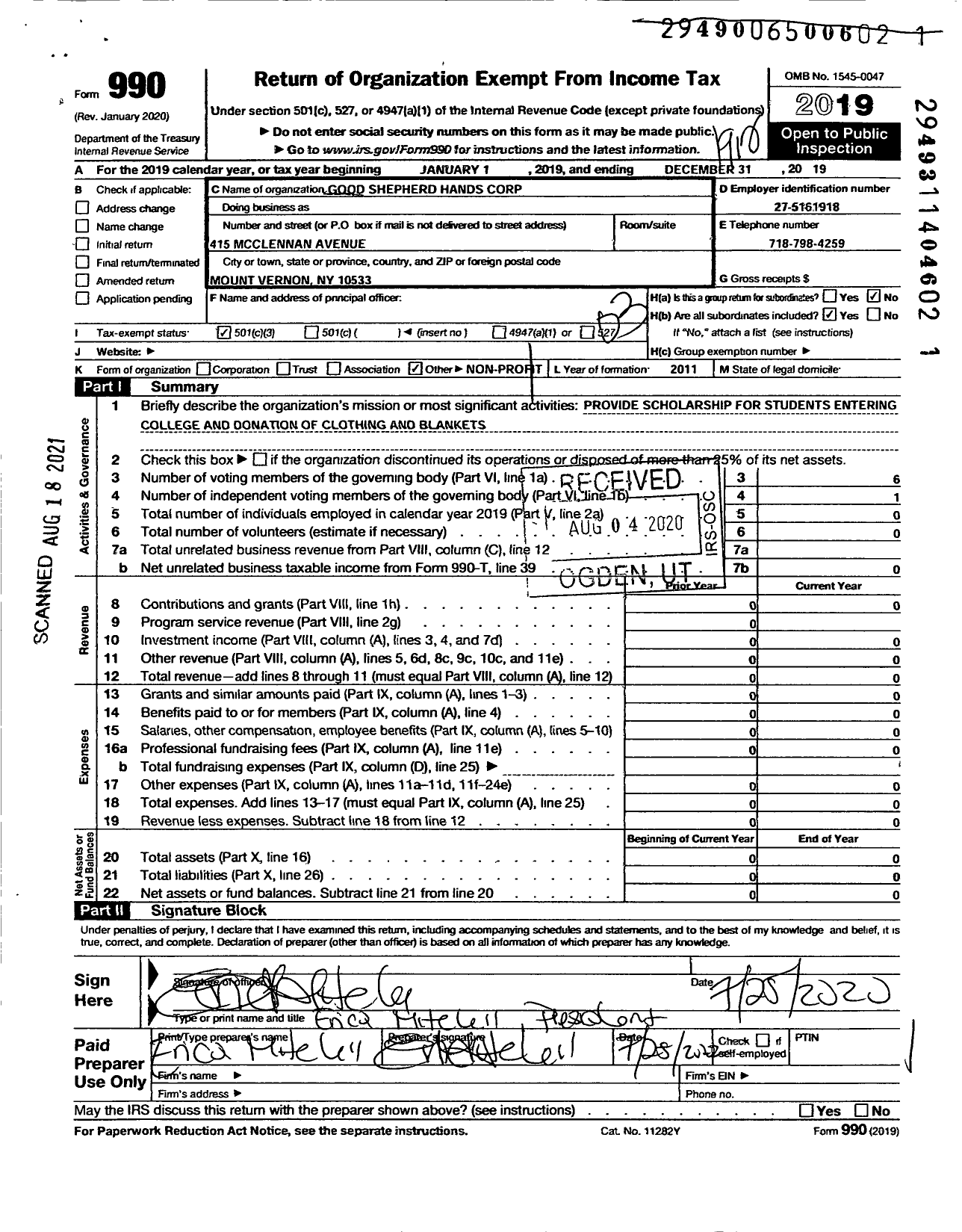 Image of first page of 2019 Form 990 for Good Shepherd Hands Corporation