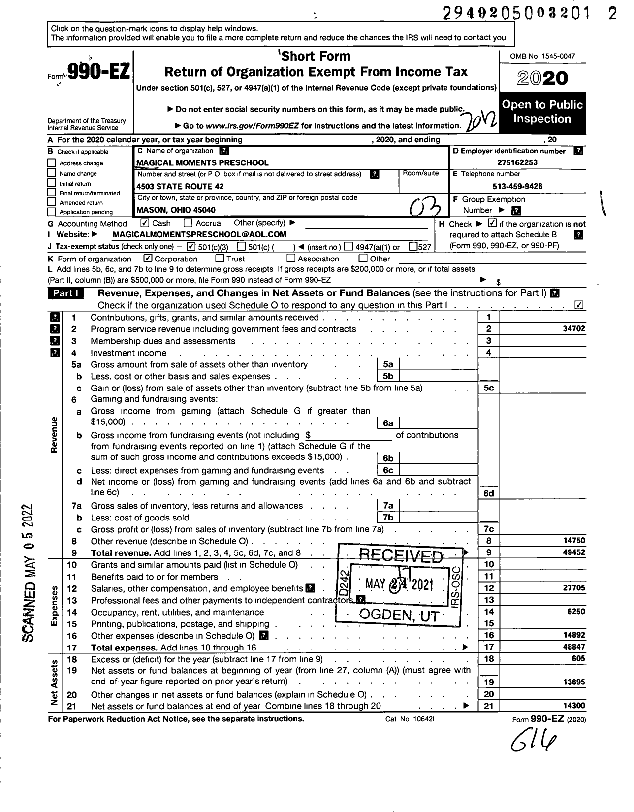 Image of first page of 2020 Form 990EZ for Magical Moments Preschool