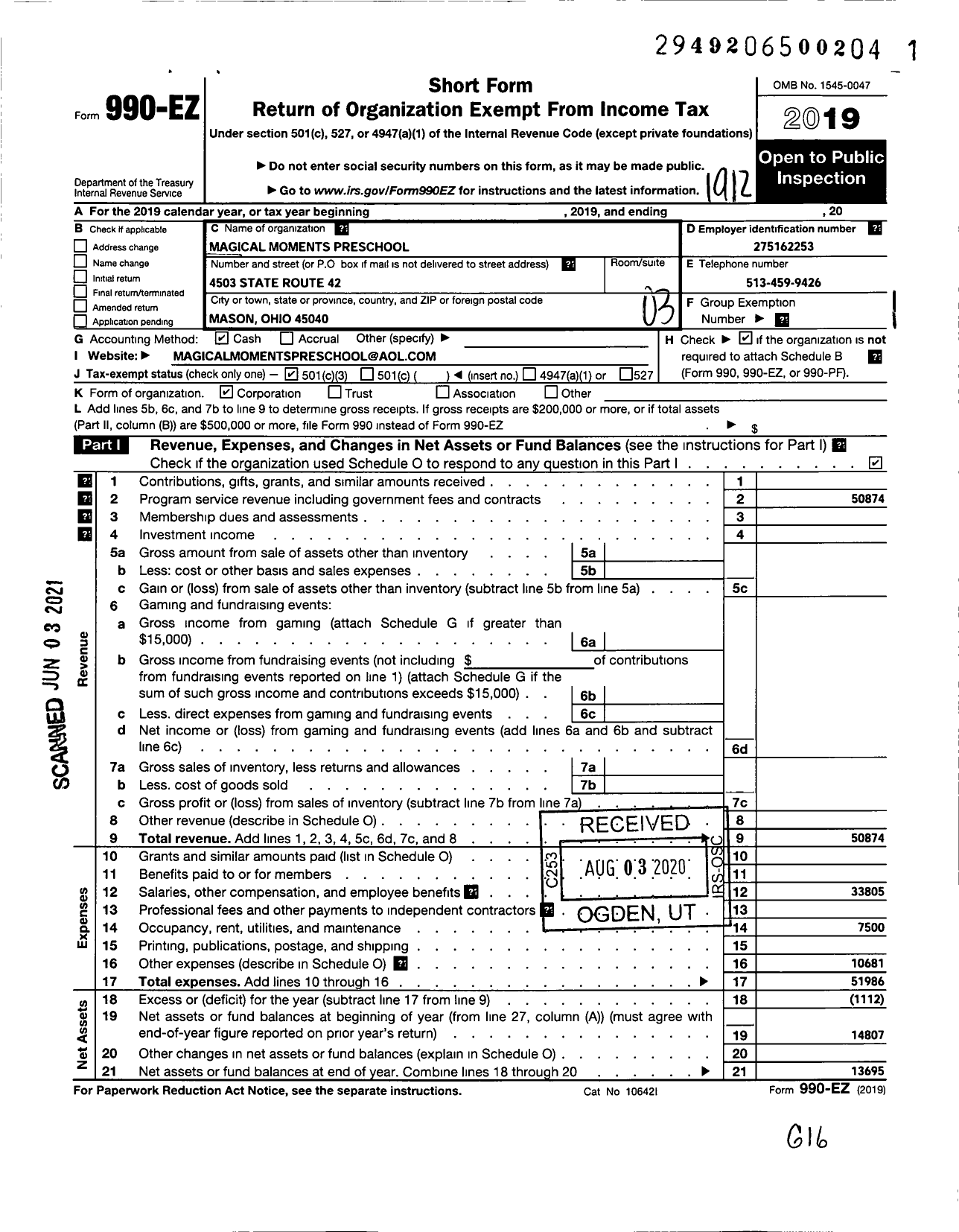 Image of first page of 2019 Form 990EZ for Magical Moments Preschool