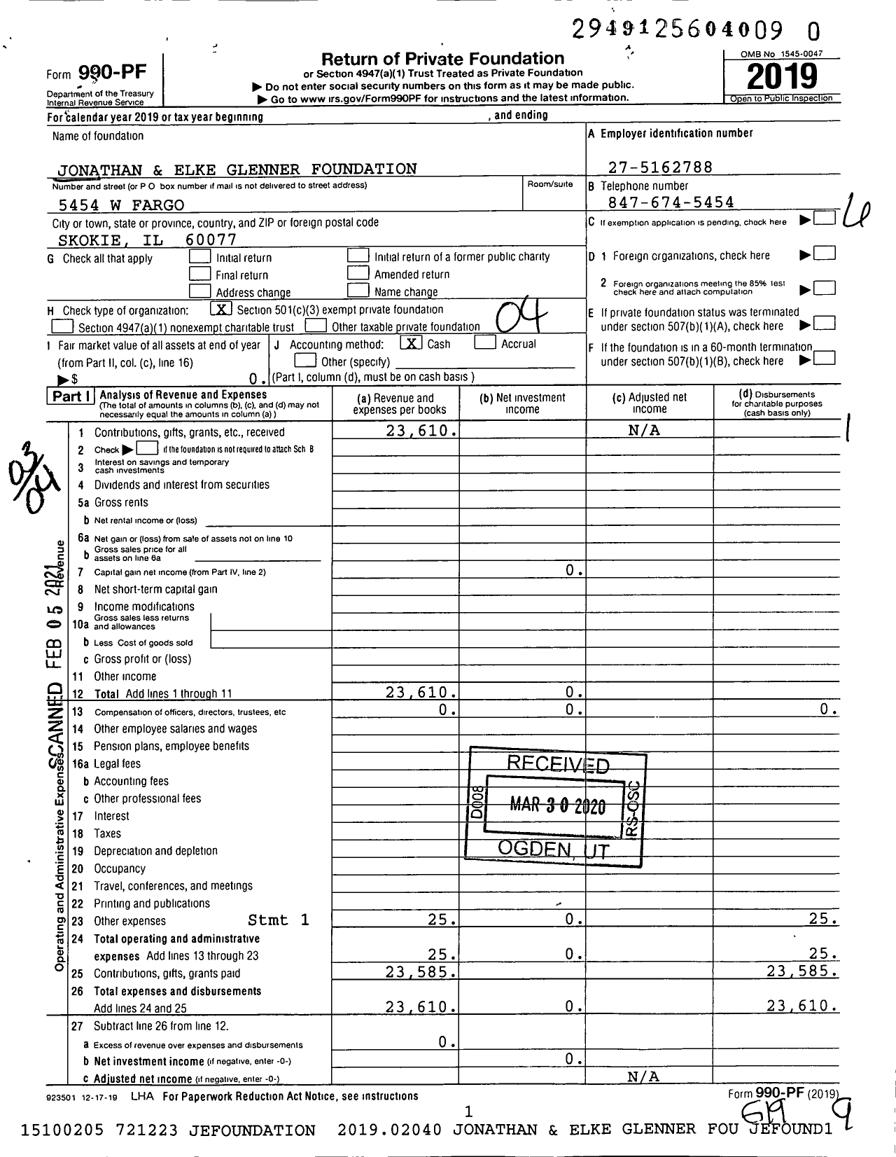 Image of first page of 2019 Form 990PF for Jonathan and Elke Glenner Foundation