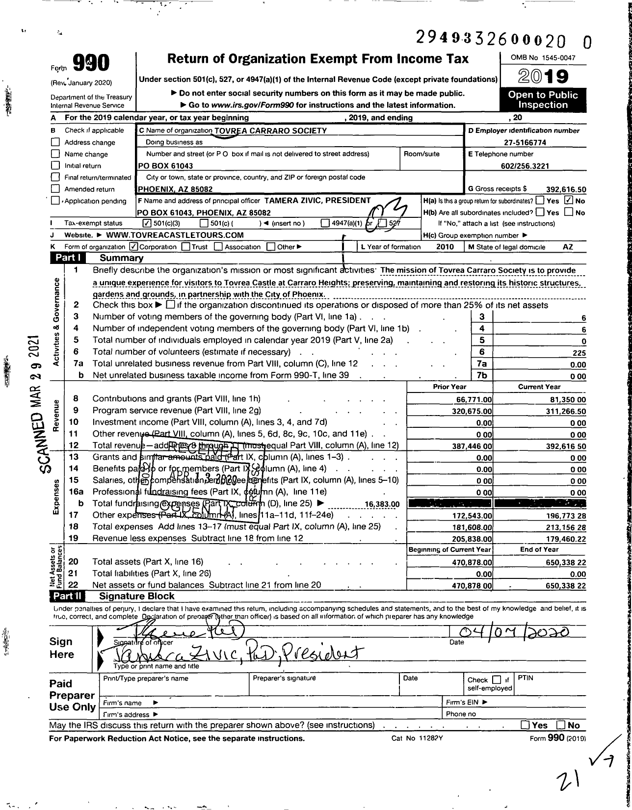 Image of first page of 2019 Form 990 for Tovrea Carraro Society