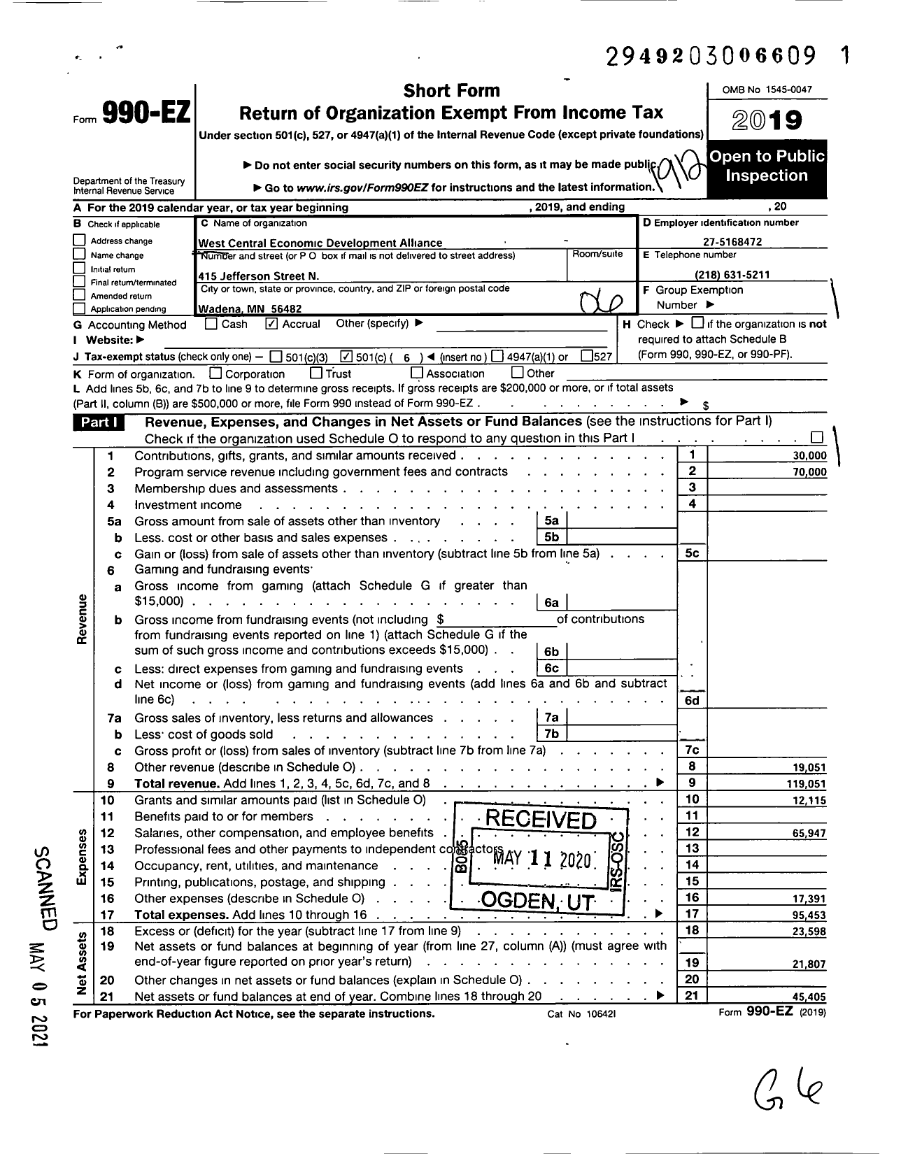 Image of first page of 2019 Form 990EO for West Central Economic Development Alliance