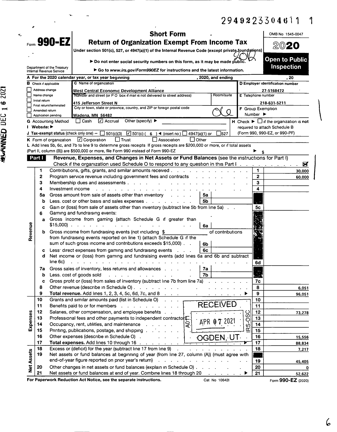 Image of first page of 2020 Form 990EO for West Central Economic Development Alliance