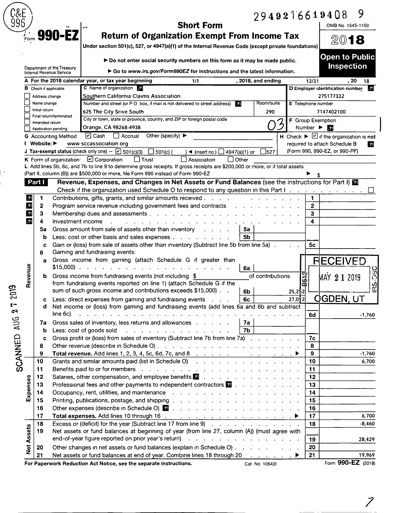 Image of first page of 2018 Form 990EZ for Southern California Claims Association