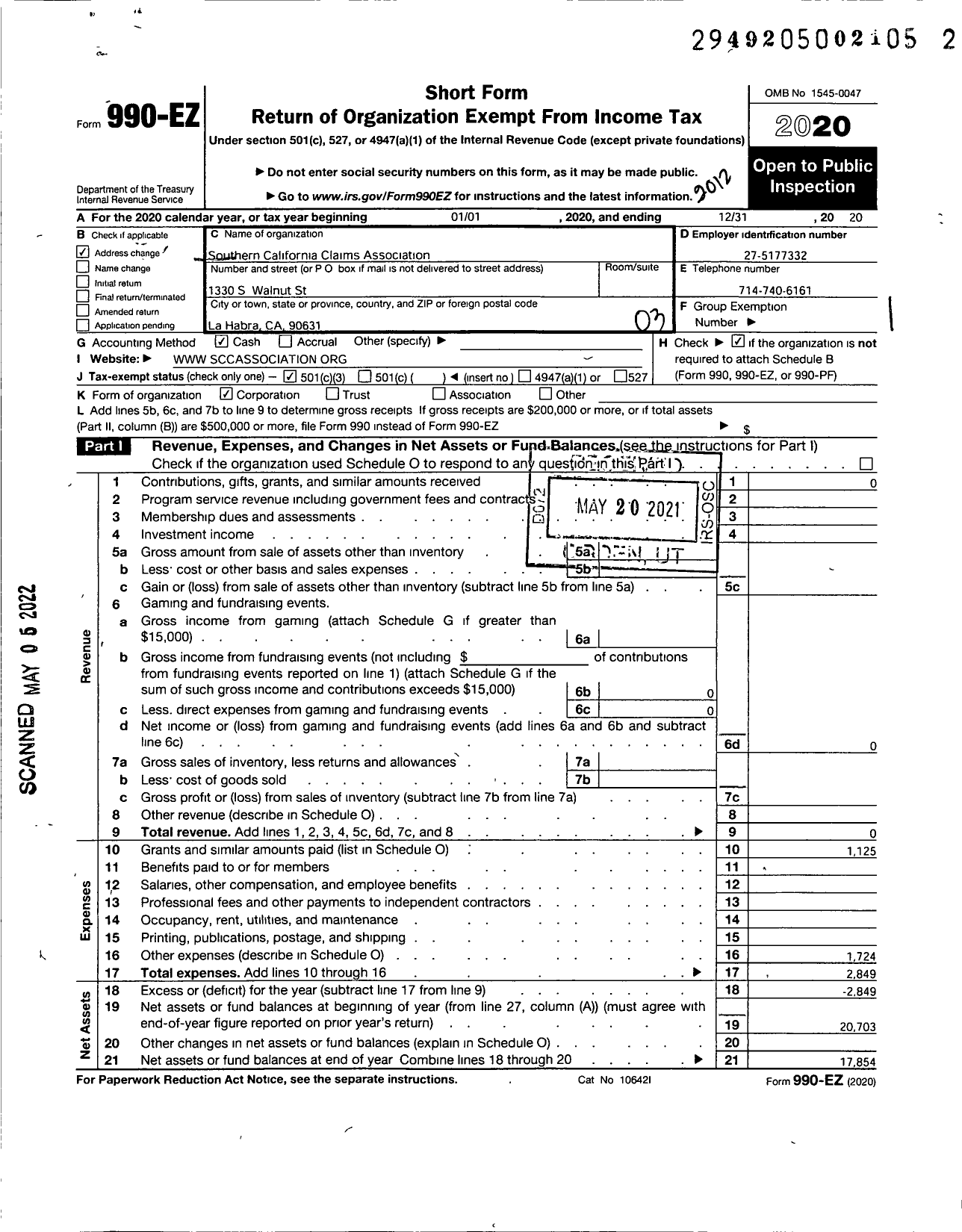 Image of first page of 2020 Form 990EZ for Southern California Claims Association