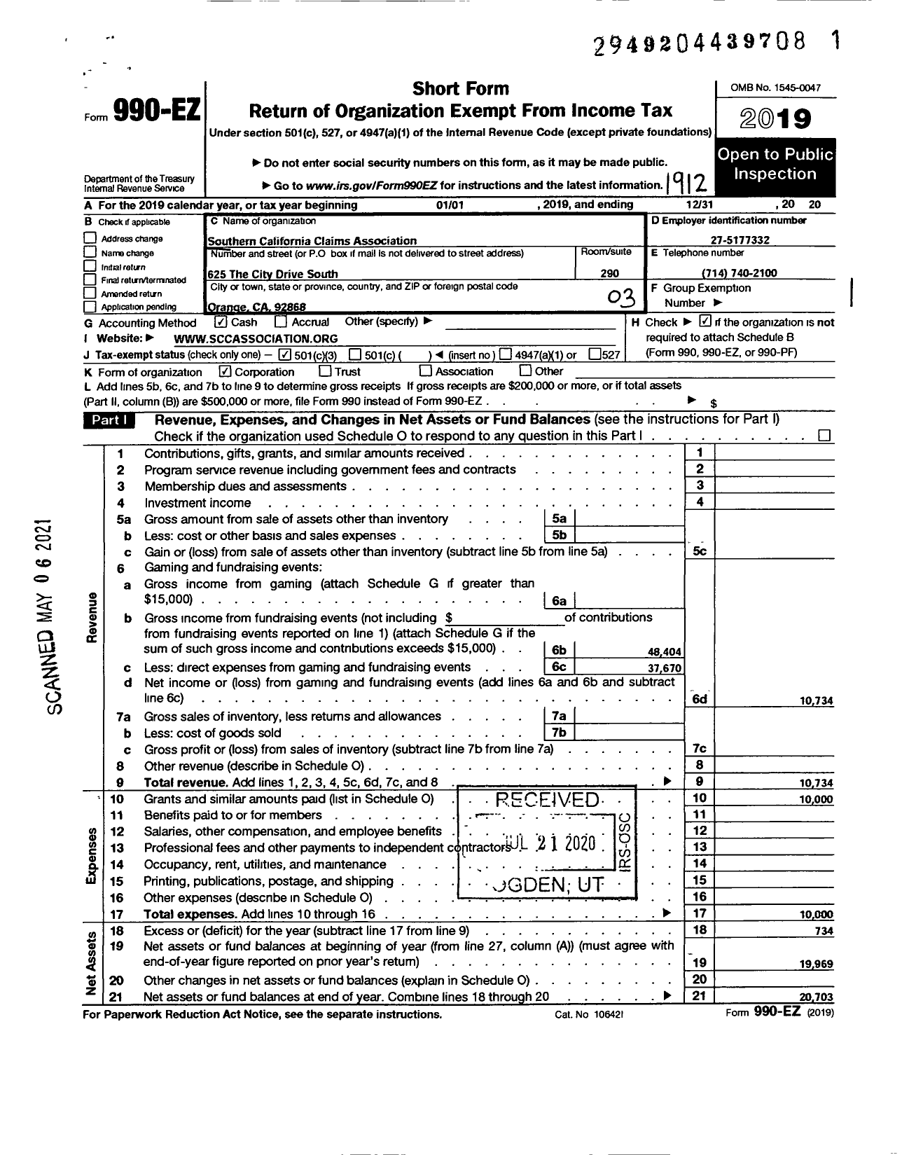 Image of first page of 2019 Form 990EZ for Southern California Claims Association