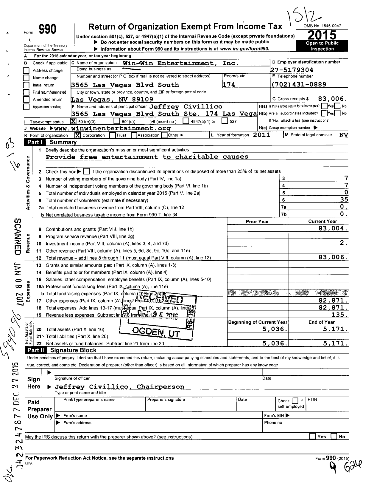 Image of first page of 2015 Form 990 for Win Win Entertainment