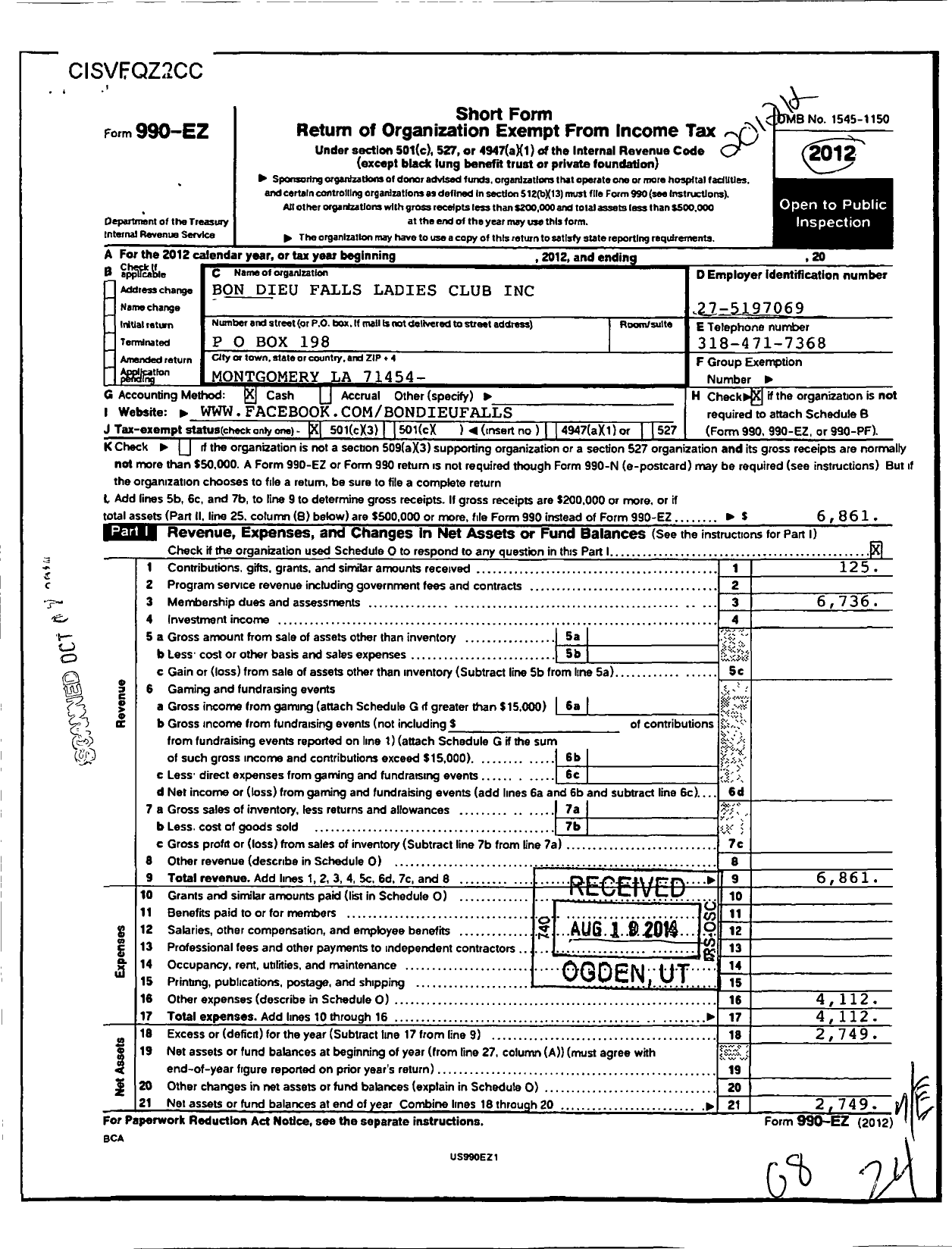 Image of first page of 2012 Form 990EZ for Bon Dieu Falls Ladies Club