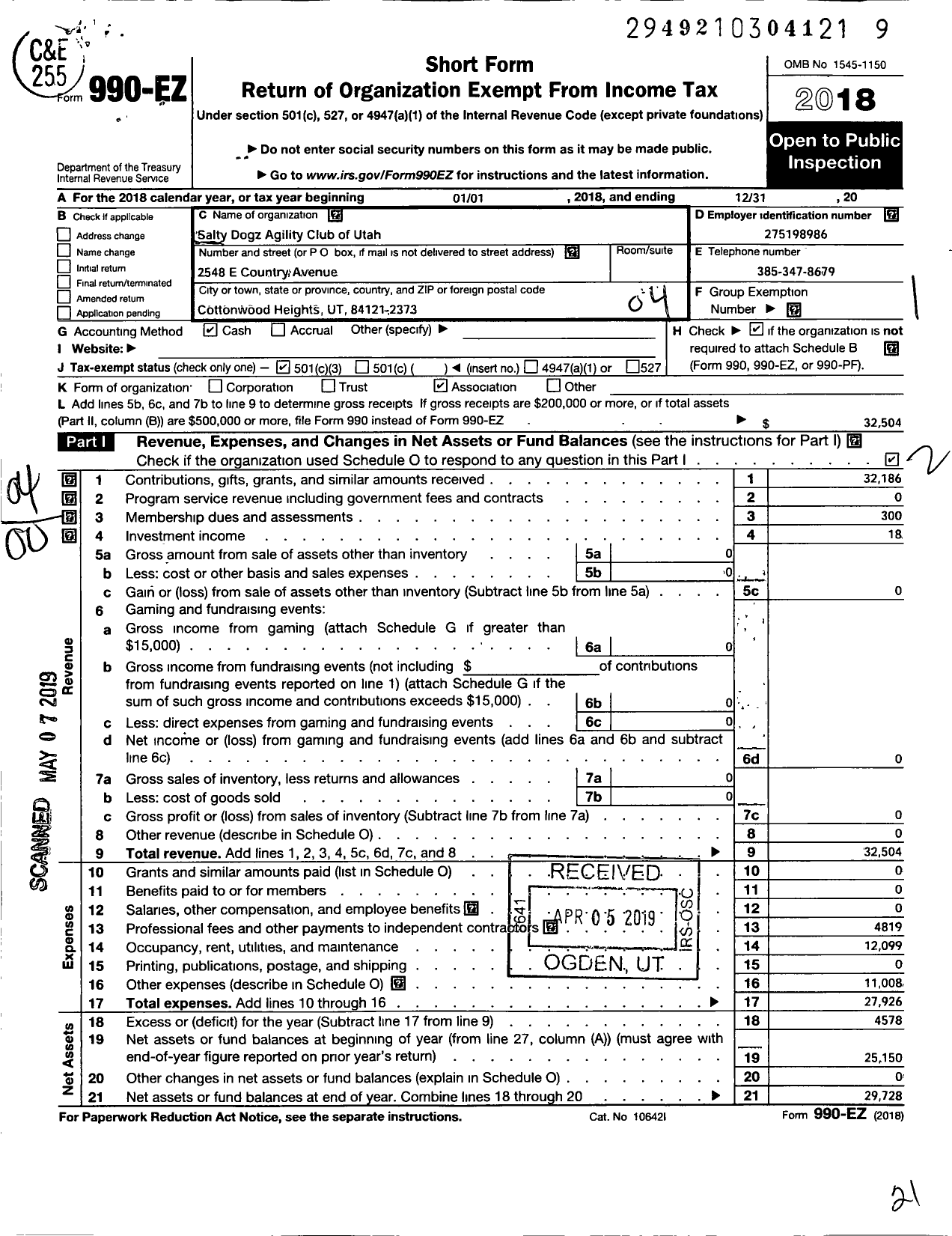 Image of first page of 2018 Form 990EO for Salty Dogz Agility Club