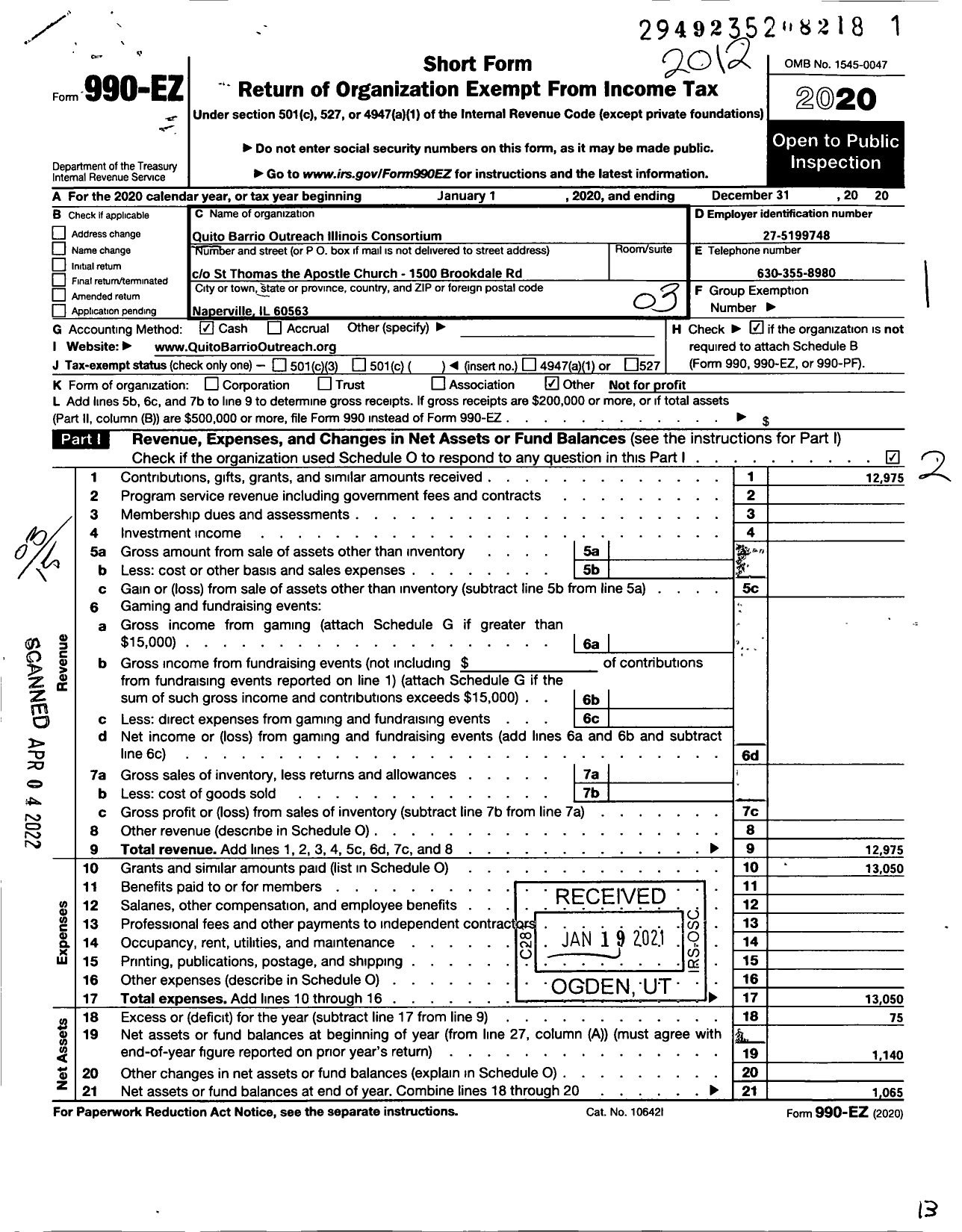 Image of first page of 2020 Form 990EZ for Quito Barrio Outreach Illinois Consortium