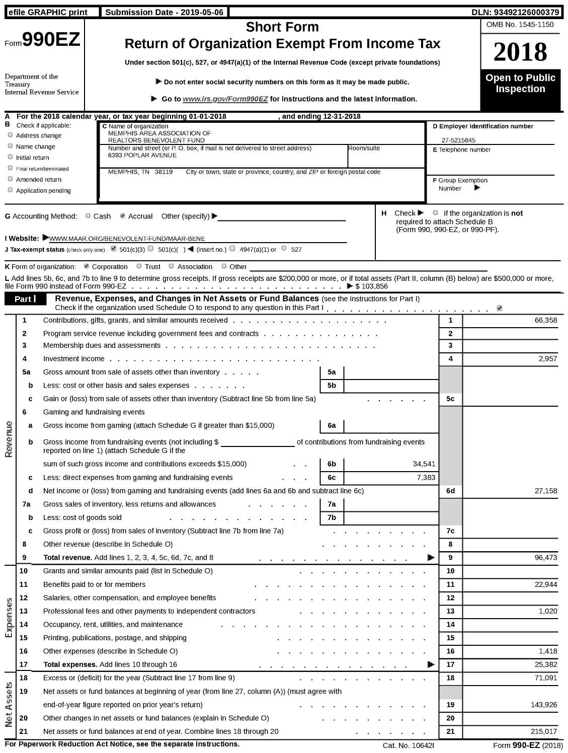 Image of first page of 2018 Form 990EZ for Memphis Area Association of Realtors Benevolent Fund