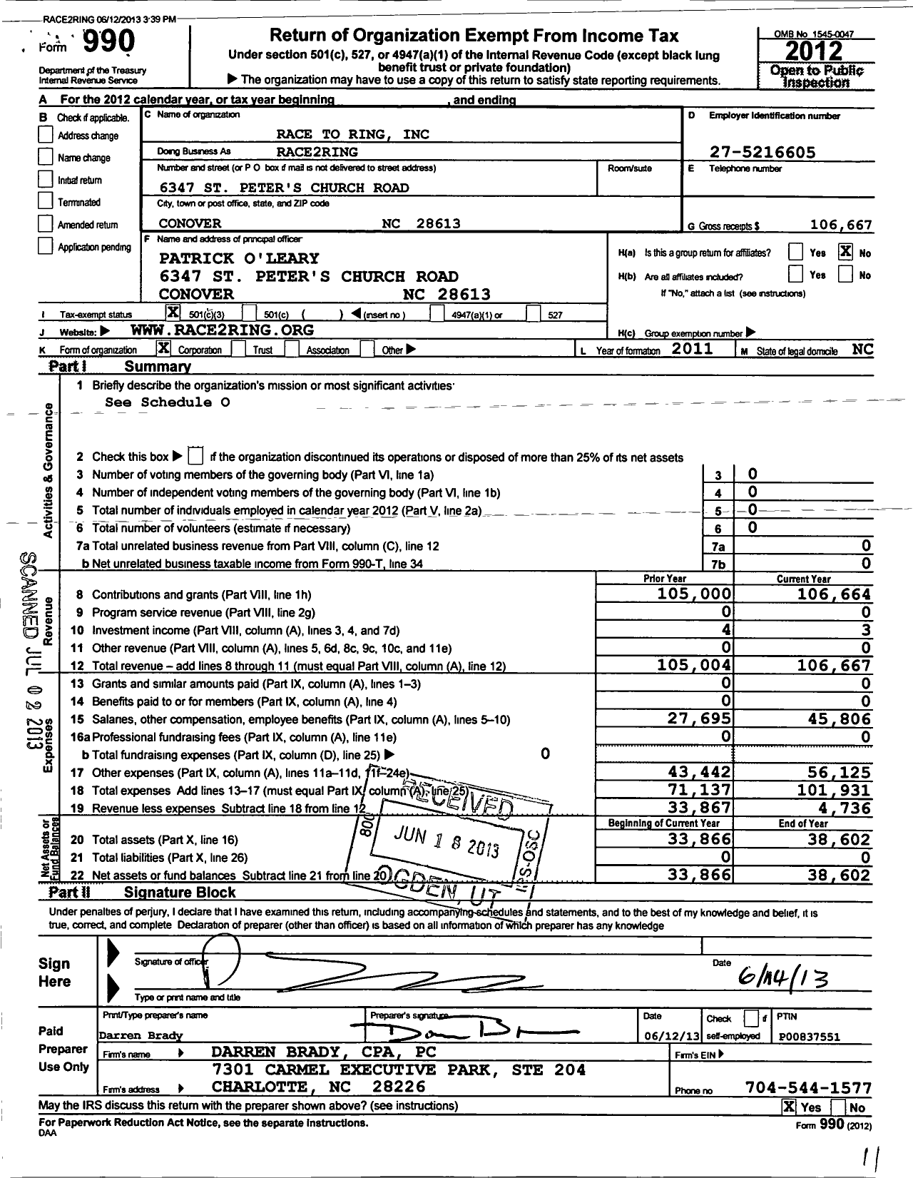 Image of first page of 2012 Form 990 for Race2ring