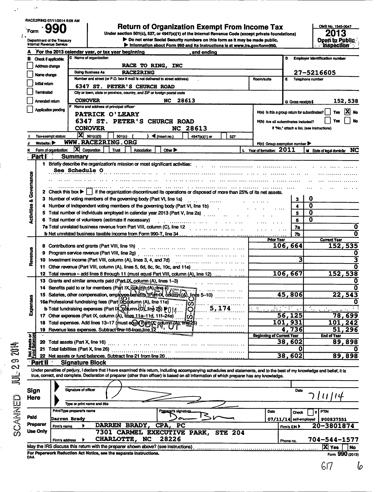 Image of first page of 2013 Form 990 for Race2ring