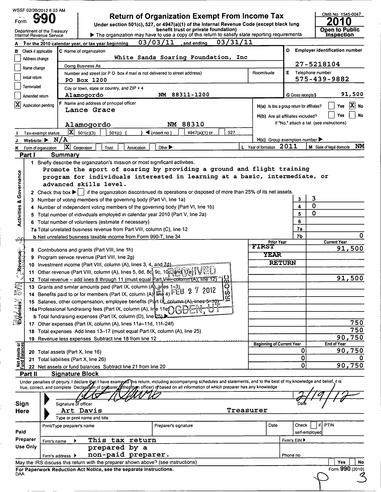 Image of first page of 2010 Form 990 for White Sands Soaring Foundation