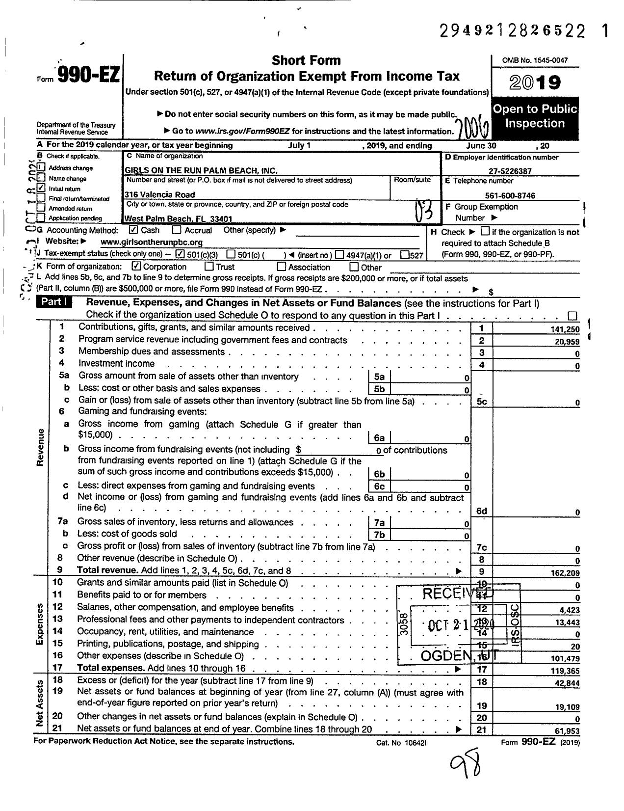 Image of first page of 2019 Form 990EZ for Girls on the Run Palm Beach