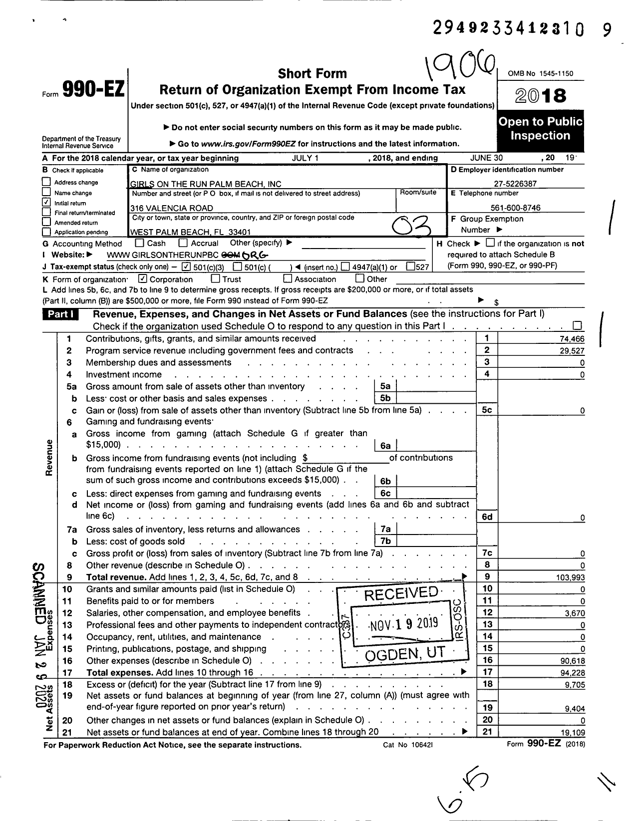 Image of first page of 2018 Form 990EZ for Girls on the Run Palm Beach