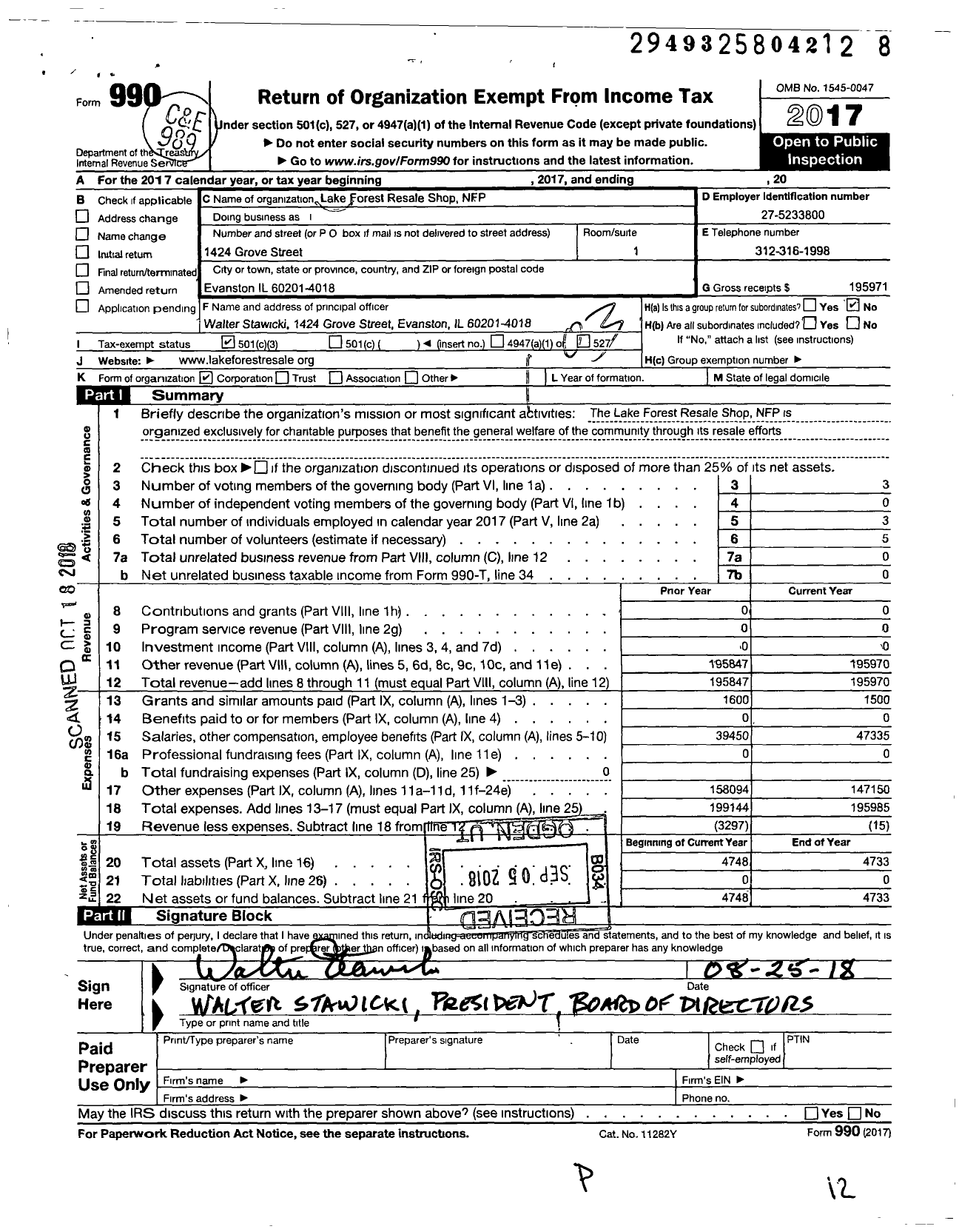 Image of first page of 2017 Form 990 for Lake Forest Resale Shop NFP