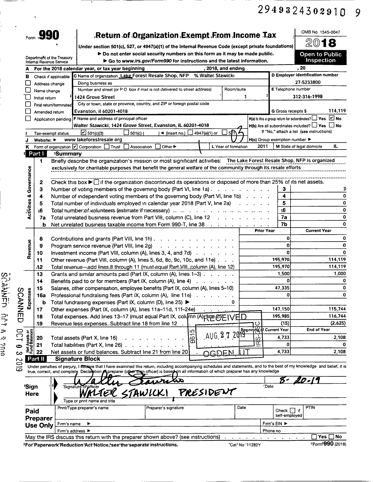 Image of first page of 2018 Form 990 for Lake Forest Resale Shop NFP