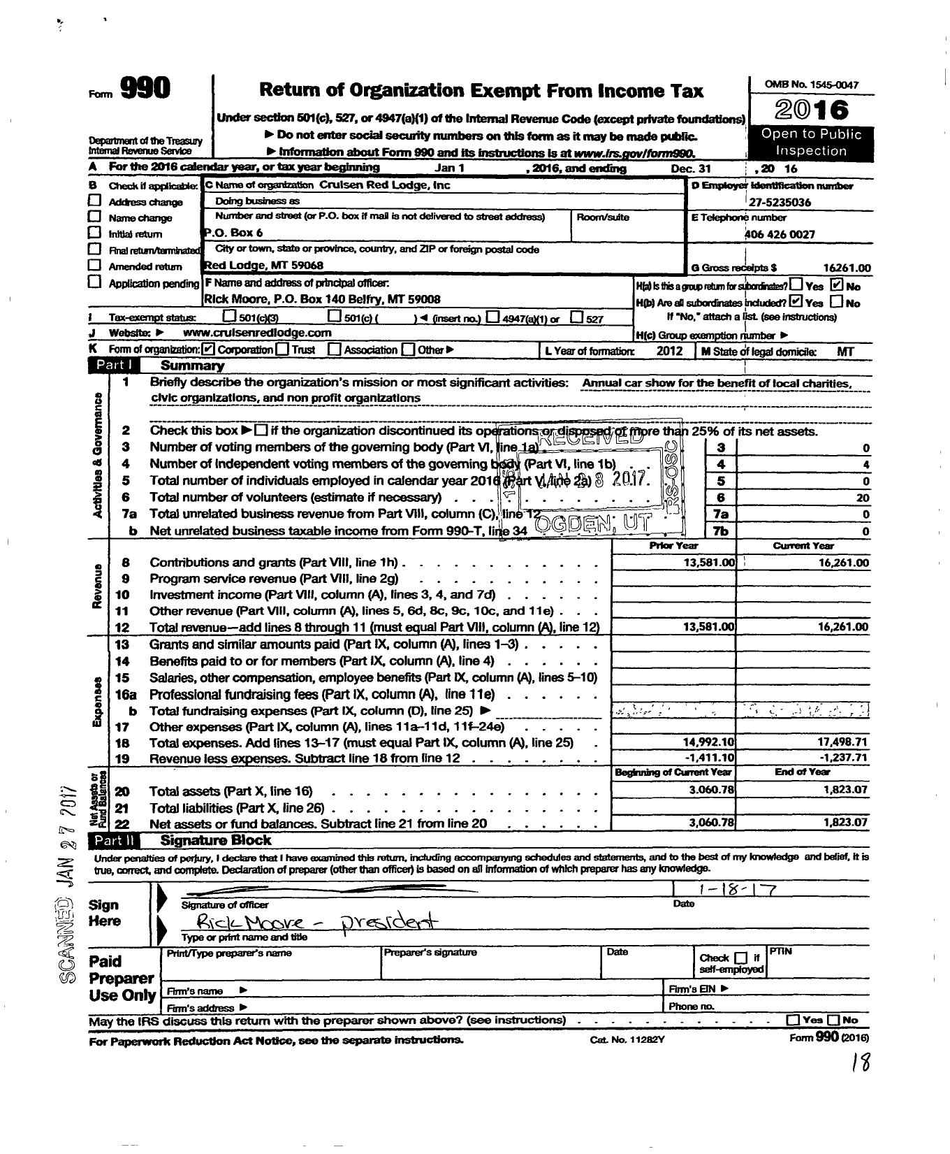 Image of first page of 2016 Form 990O for Cruisen Red Lodge