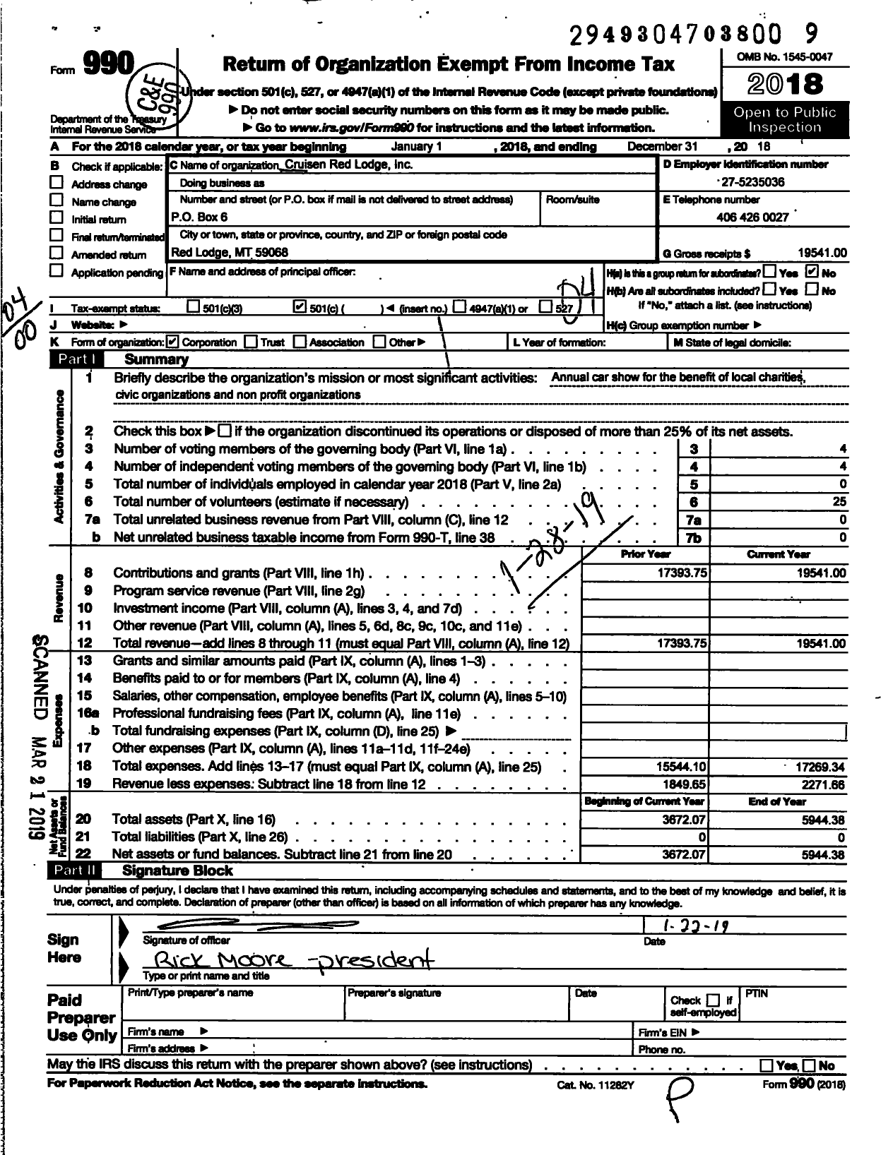 Image of first page of 2018 Form 990O for Cruisen Red Lodge