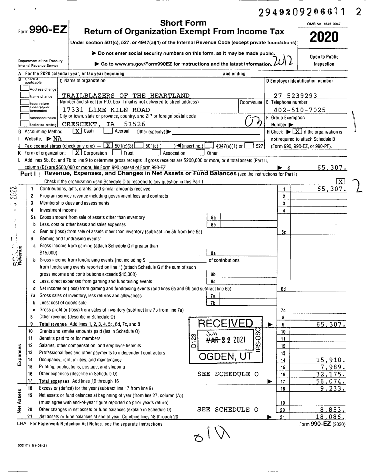 Image of first page of 2020 Form 990EZ for Trailblazers of the Heartland