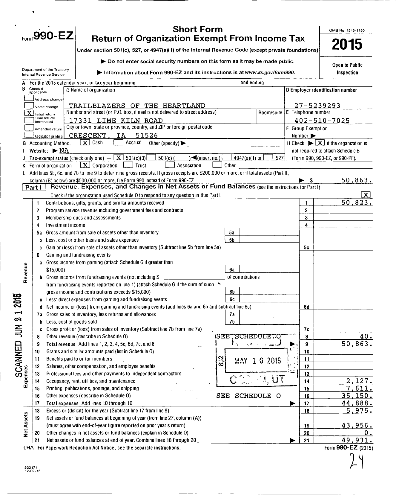 Image of first page of 2015 Form 990EZ for Trailblazers of the Heartland