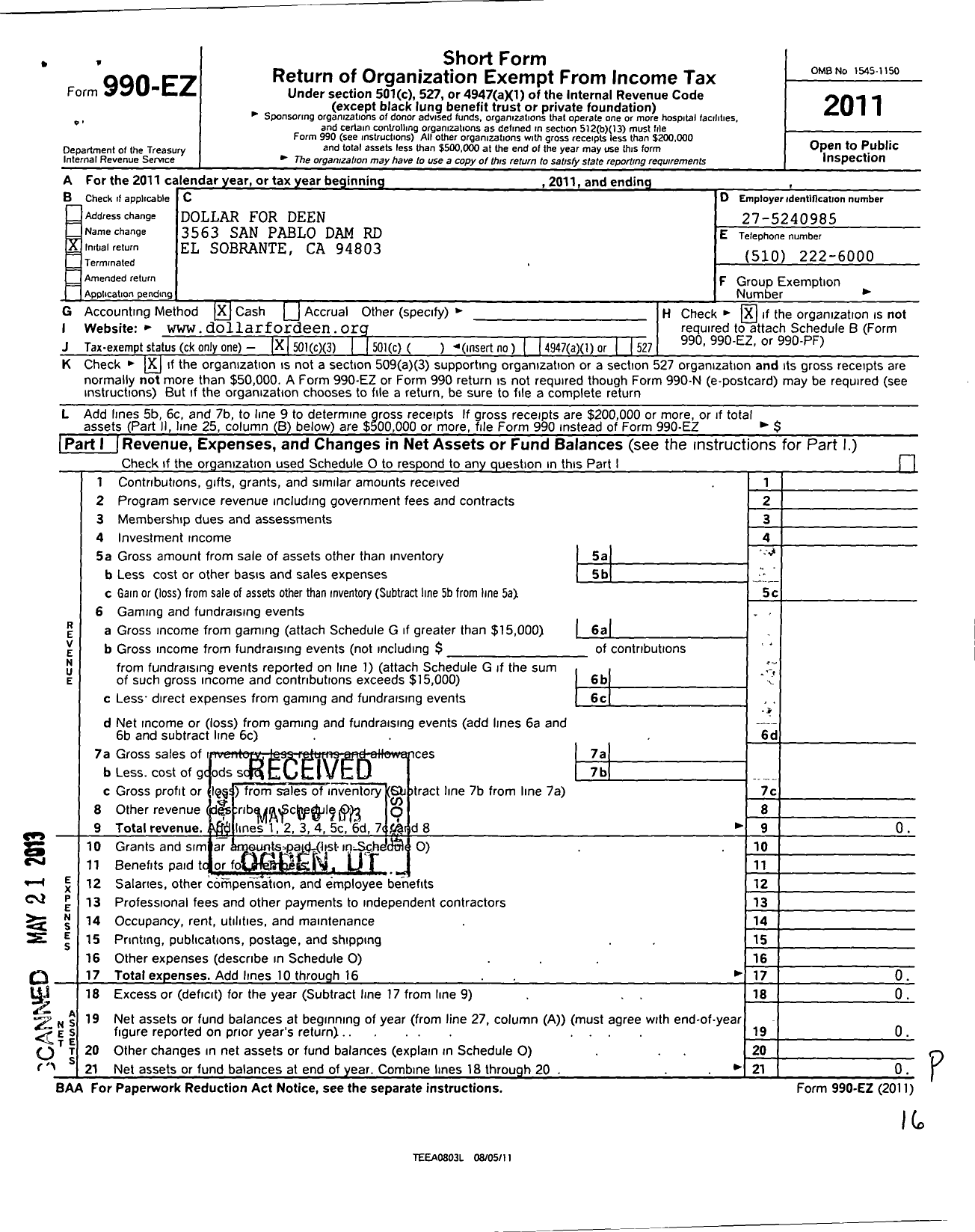 Image of first page of 2011 Form 990EZ for Dollar for Deen