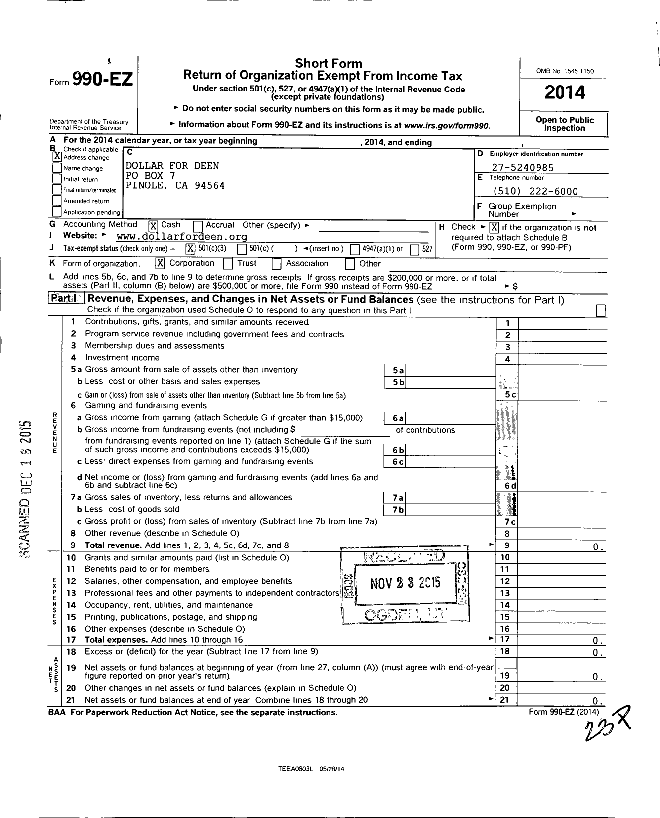 Image of first page of 2014 Form 990EZ for Dollar for Deen