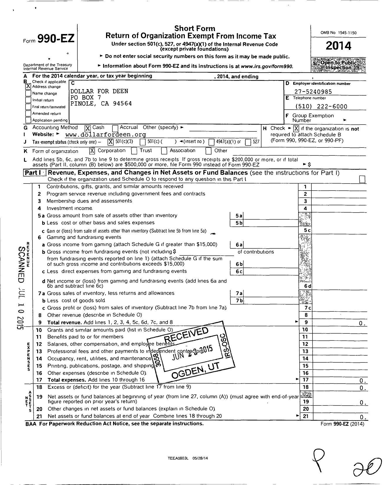 Image of first page of 2014 Form 990EZ for Dollar for Deen