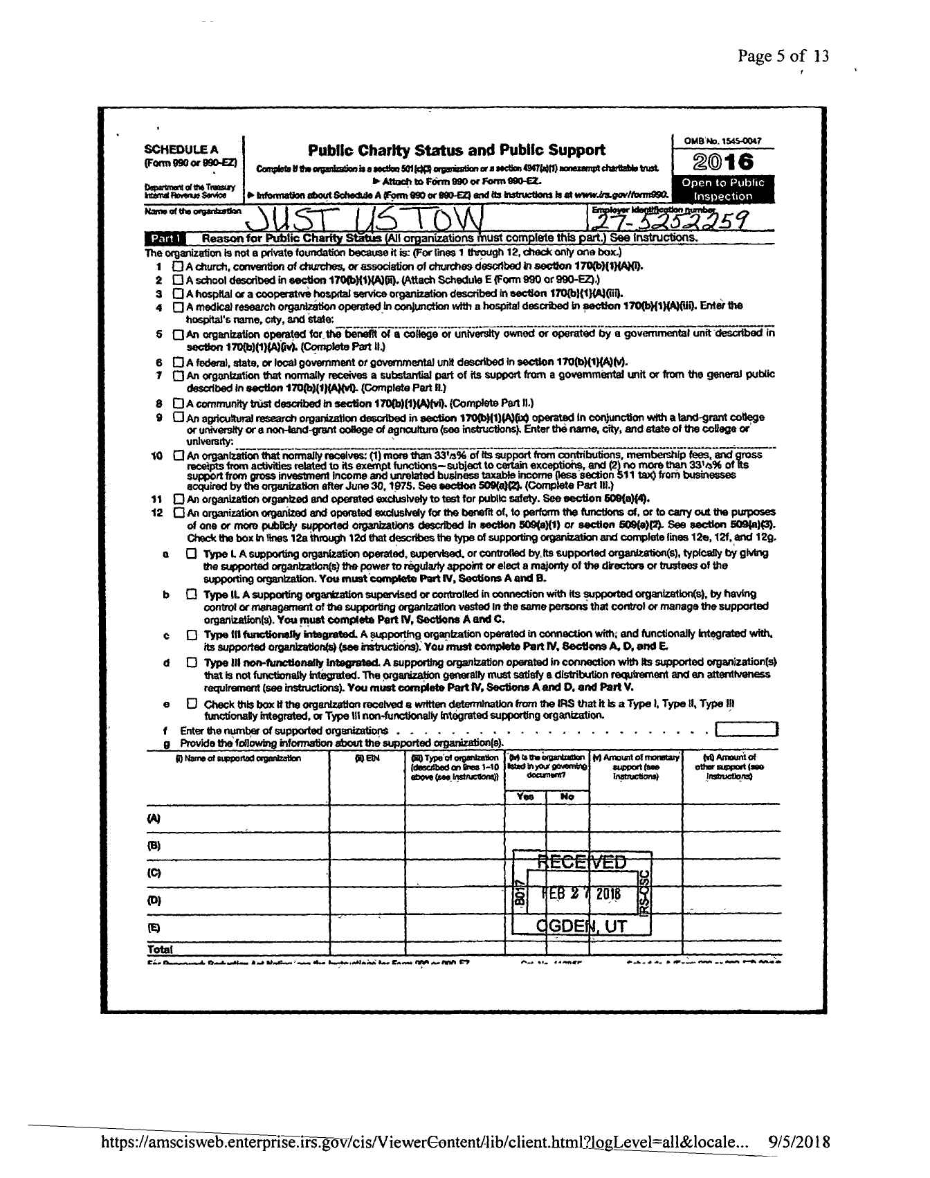 Image of first page of 2017 Form 990ER for Just Us Tow