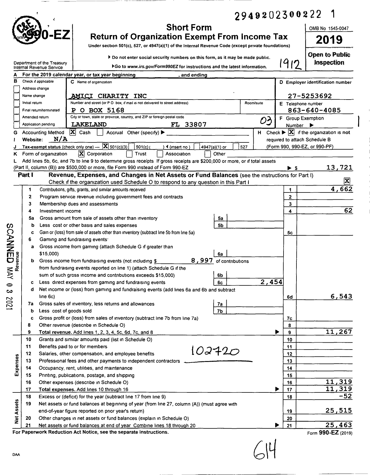 Image of first page of 2019 Form 990EZ for Amici Charity